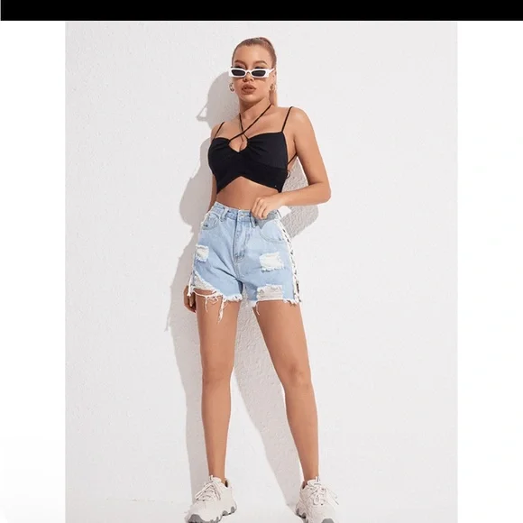 Furst Of A Kind Upcycled Vintage Lace Up High Waist Sasson Blue Denim Shorts - Picture 4 of 8